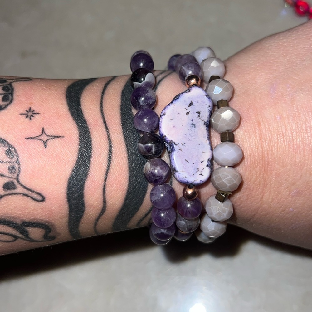Purple and Gray Beaded Bracelet Set